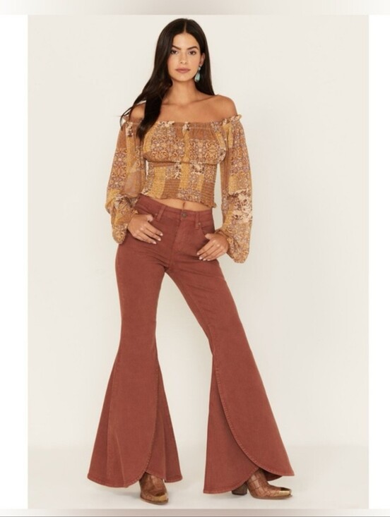 Shyanne Denim - Shyanne Country Wear Rust Terracotta Petal Flare Jeans 27x30 Boho Western Tulip